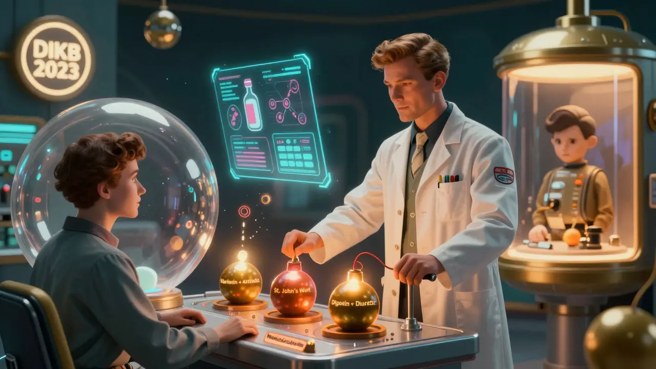 A space-age pharmacist deactivating drug interaction bombs at a high-tech safety control panel.