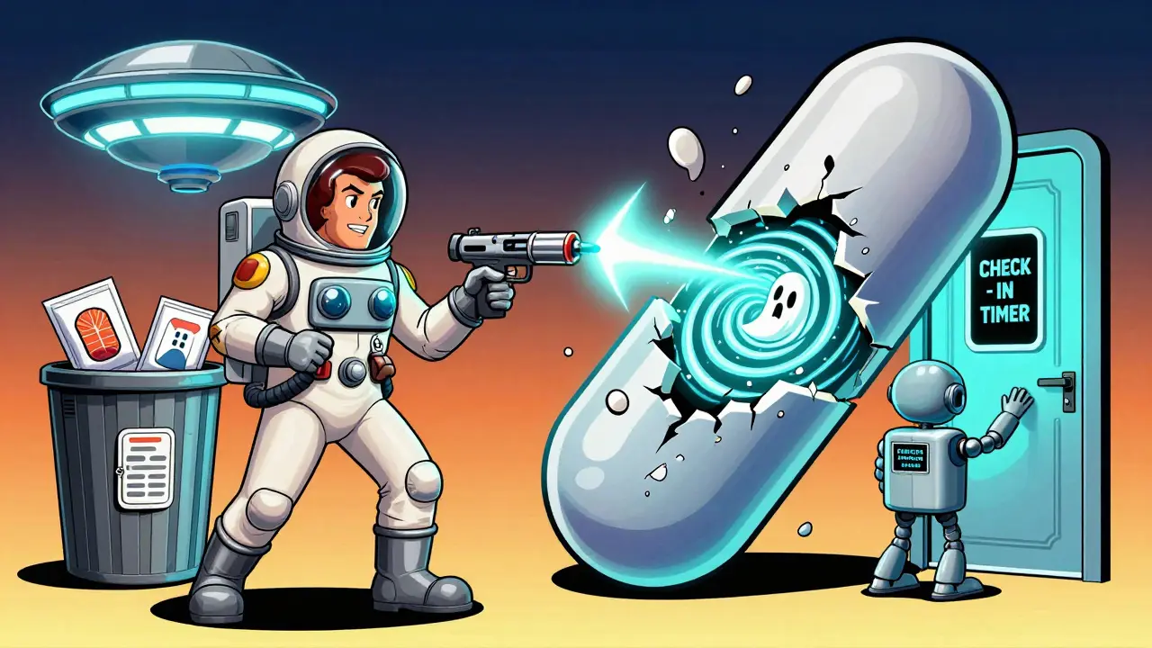 A space-suited hero spraying naloxone at a cracking opioid pill, while a robot checks on a patient.