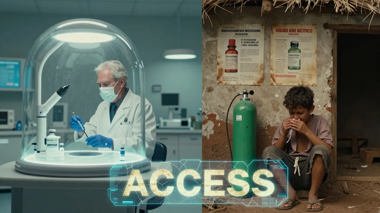A split scene: one side shows a senior getting vaccinated, the other shows a child without access to care.