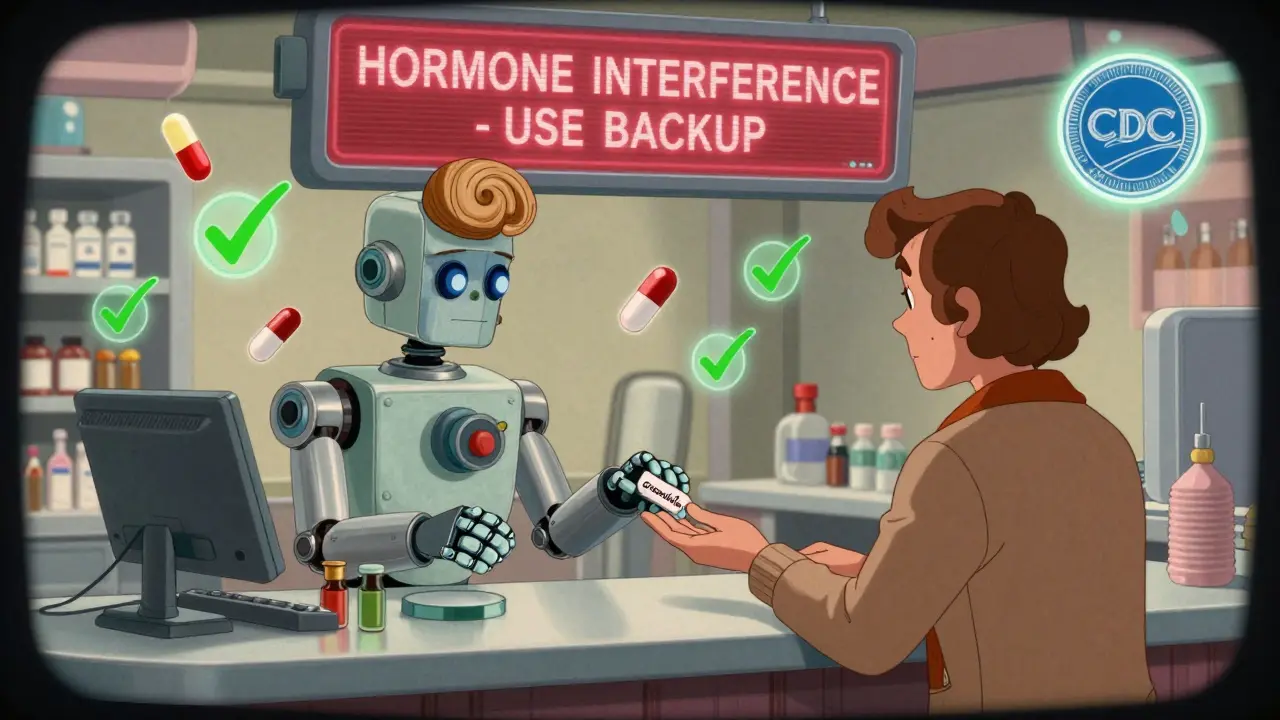 A vintage-style pharmacy robot warns a customer about griseofulvin with a holographic alert, surrounded by safe antibiotics.