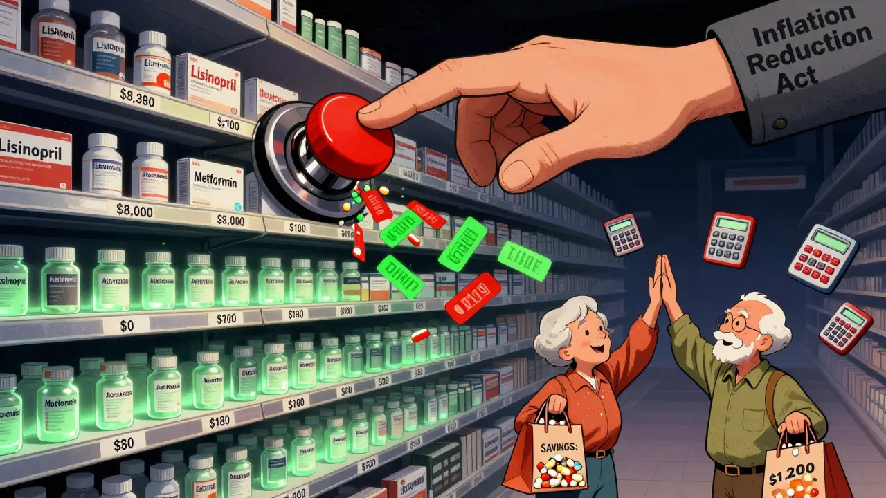 An infinite pharmacy shelf shows generic pills dropping from ,000 to <h2>What’s Next for Generic Drugs in Medicare?</h2> under a giant hand.