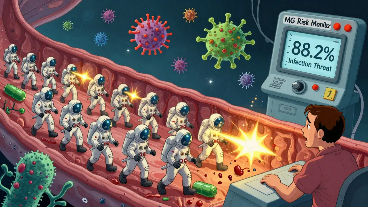 Battle inside body: antibiotic soldiers fight bacteria while sparing neuromuscular junctions in retro-futurist style.