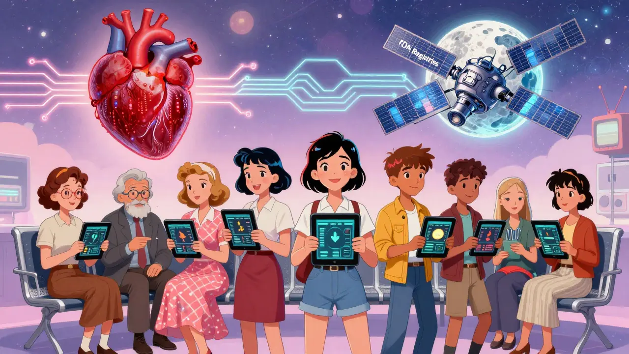 Diverse patients stand together under a pulsing heart made of data streams, connected to an FDA satellite.