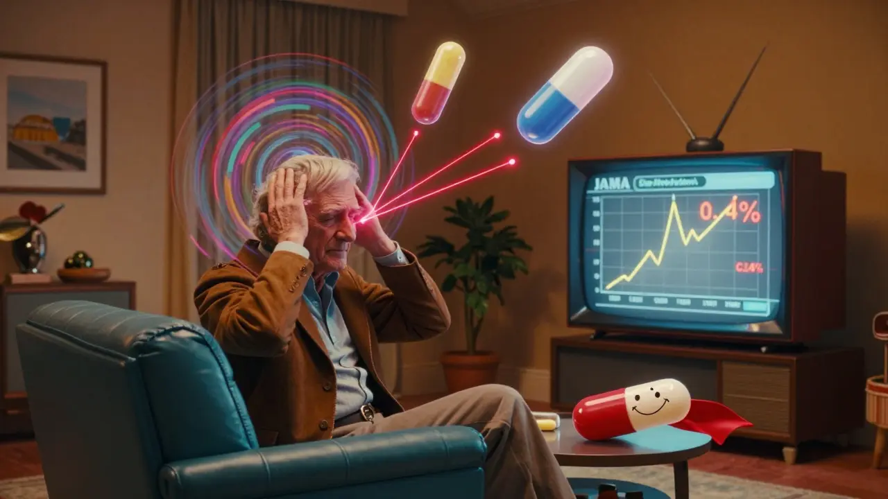 Elderly man in 70s attire dizzy from drug interaction, with floating medication icons and a superhero azithromycin capsule nearby.