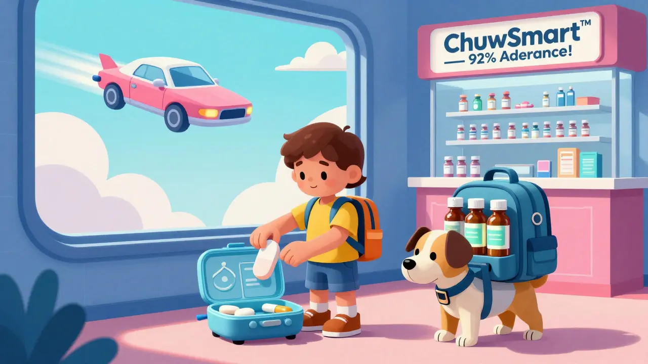 Family packing travel pill cases with glowing tablets and a robot dog, set in a retro-futuristic world.