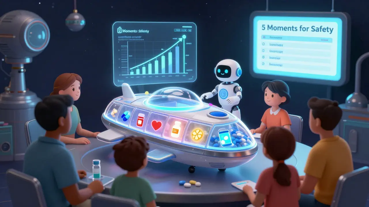 Family using a spaceship-shaped pill organizer with glowing compartments and a friendly AI assistant displaying safety stats.