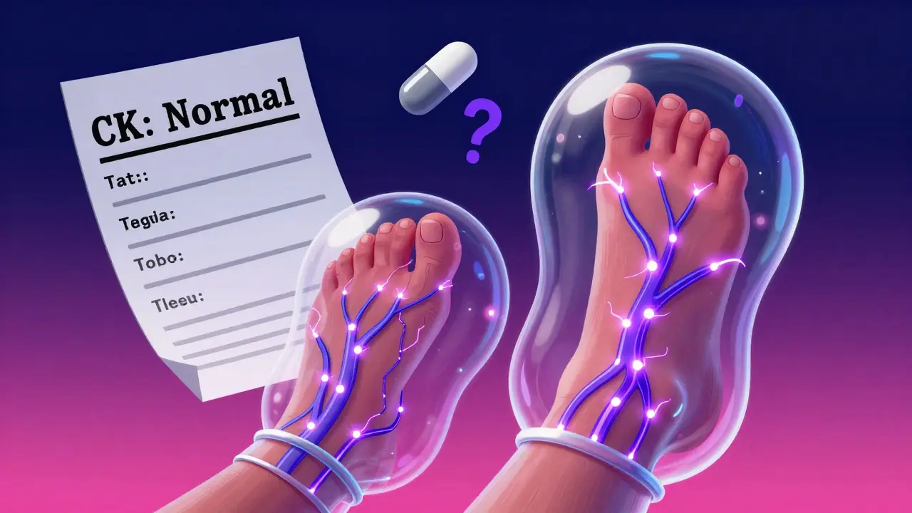 Feet and hands with flickering nerve signals and a 'CK: Normal' label, representing statin-related neuropathy.