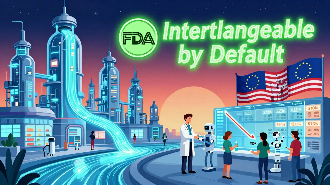 Futuristic U.S. healthcare hub with biosimilar vials flowing into pharmacies as prices drop.