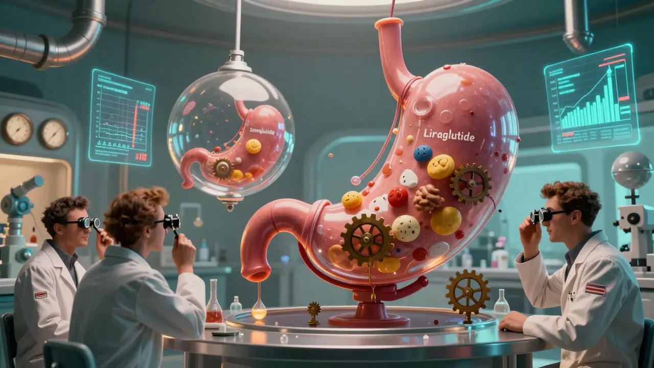 Giant transparent stomachs with clockwork gears slow food particles in a retro sci-fi lab.