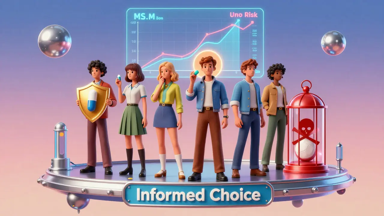 MG patients holding different antibiotics on floating platform with risk chart in vintage sci-fi aesthetic.