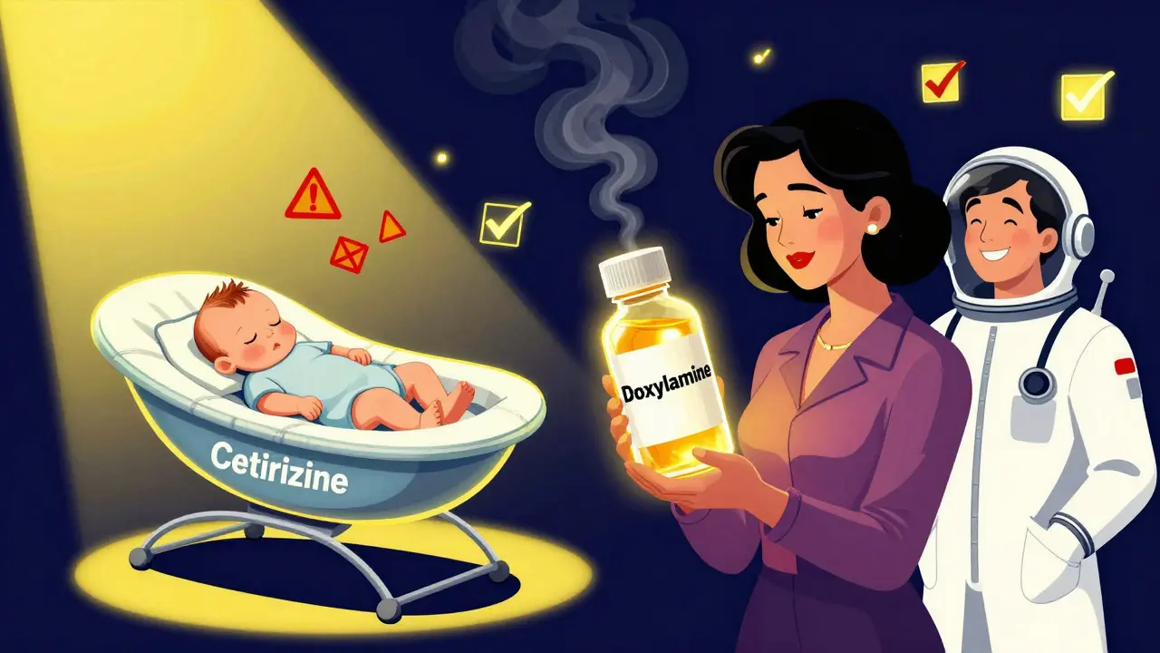 Mother holds dangerous cold medicine as smoke harms baby, while a safe alternative glows safely beside her.