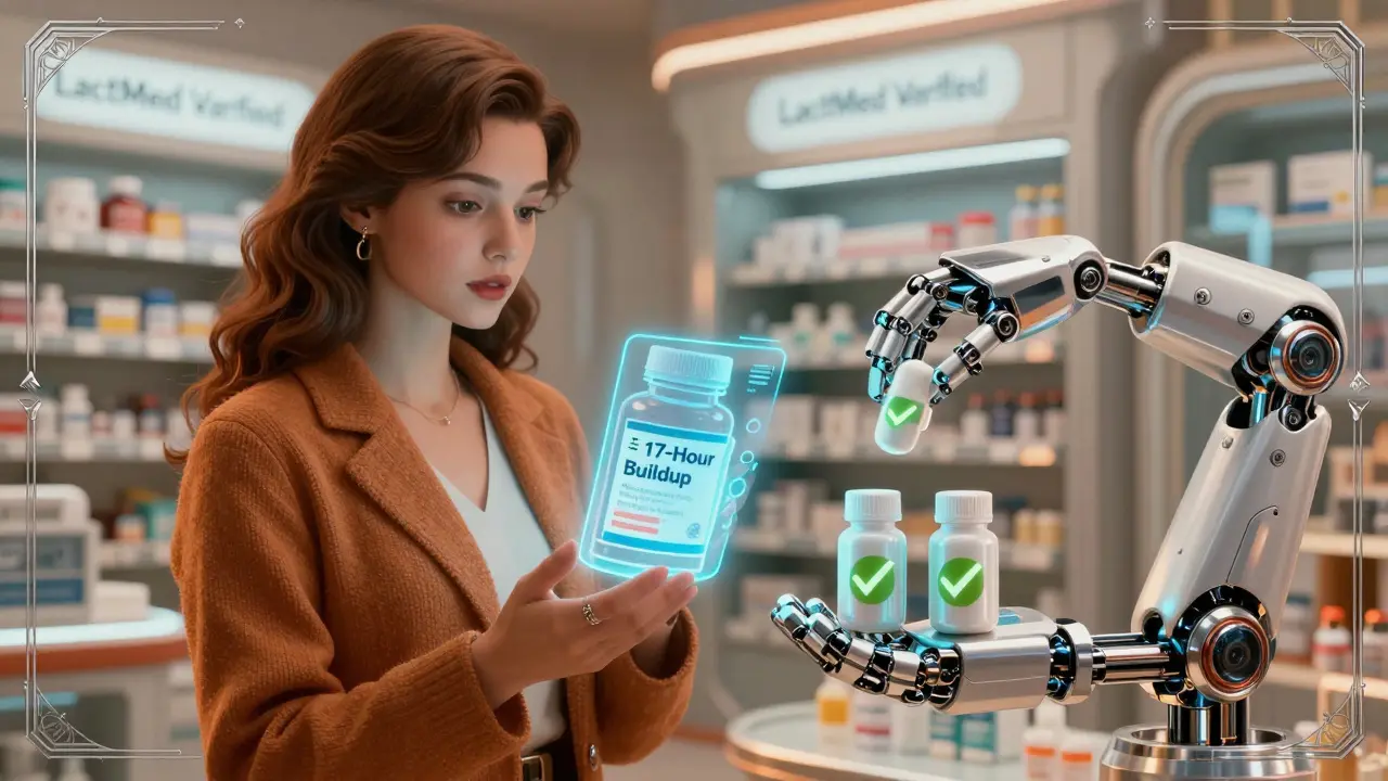 Mother reads holographic warning about unsafe painkiller as robotic arm offers safe alternatives.