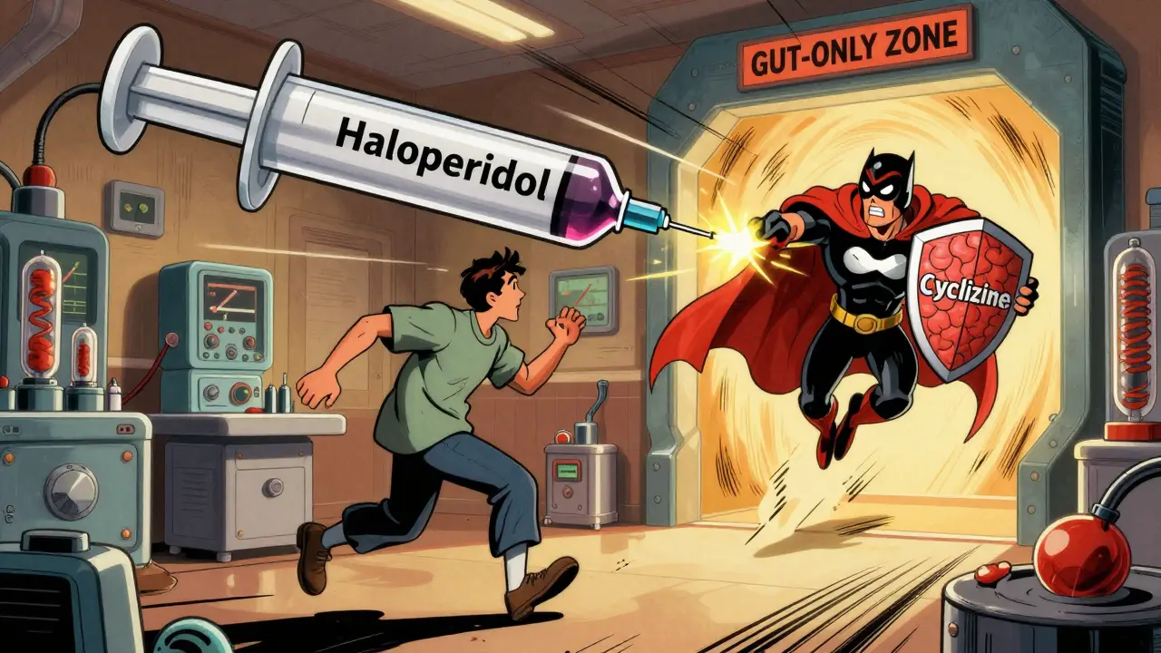 Parkinson’s patient frozen in ER as cyclizine hero blocks dangerous haloperidol syringe in retro-futuristic setting.