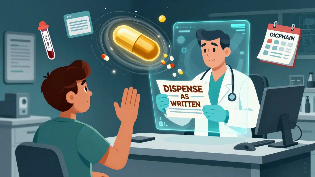 Patient raising hand in clinic as holographic doctor displays 'DISPENSE AS WRITTEN' prescription, surrounded by medical icons.