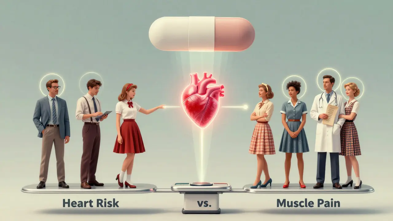 People on a balance scale with statin spaceship directing paths to heart health or muscle pain