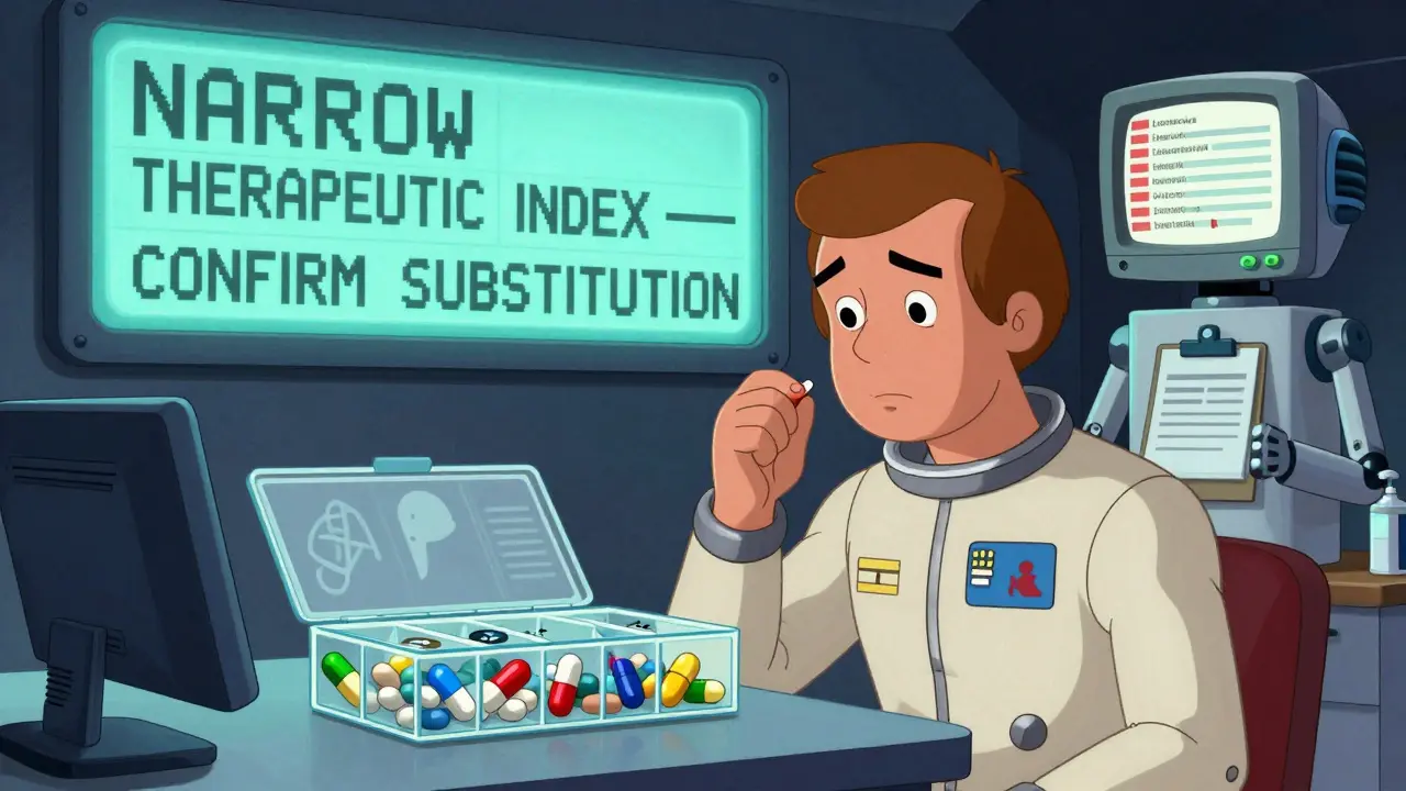 Person in retro-futuristic outfit staring at mismatched pills, with digital warning panel flashing 'NARROW THERAPEUTIC INDEX'.
