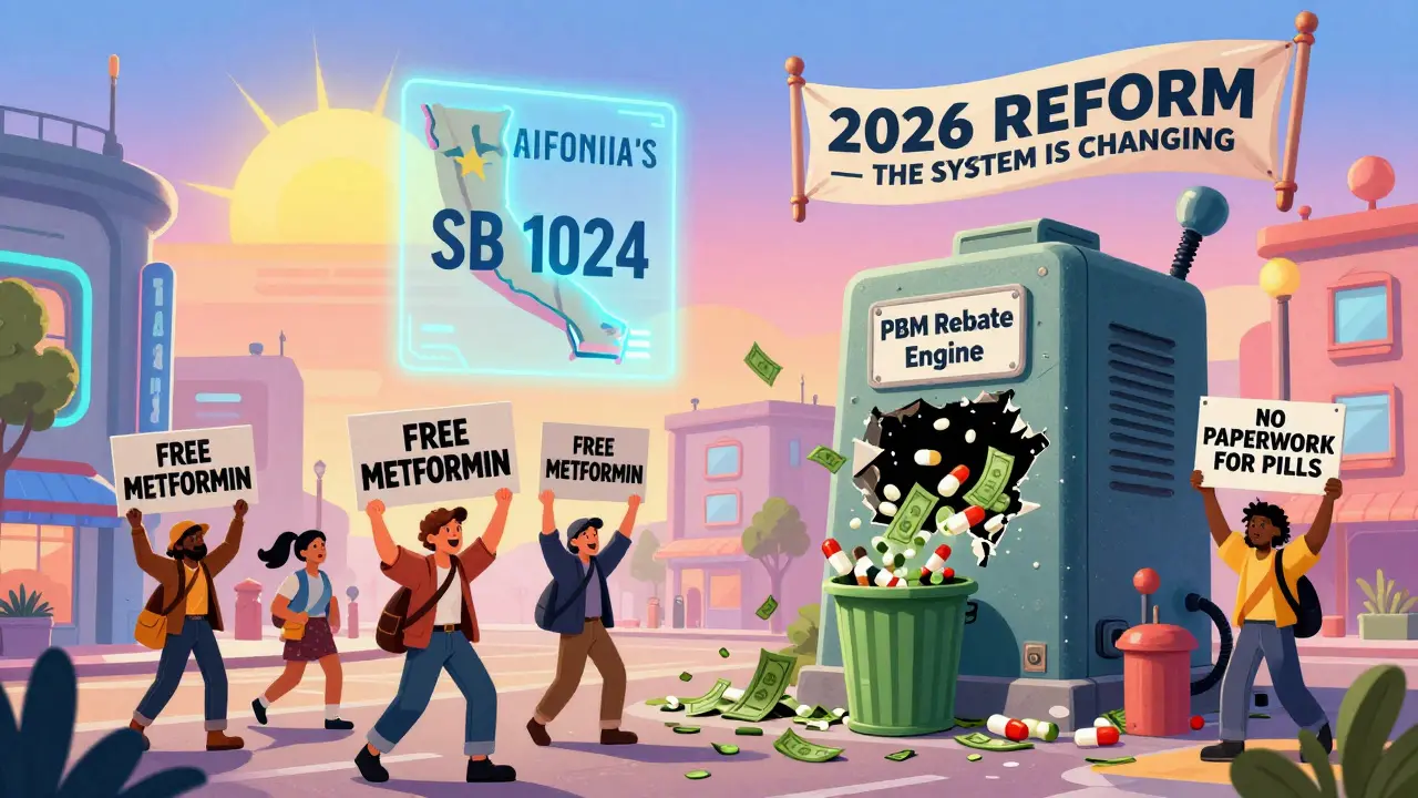 Protesters celebrating the end of prior authorization for generics under a glowing law hologram.