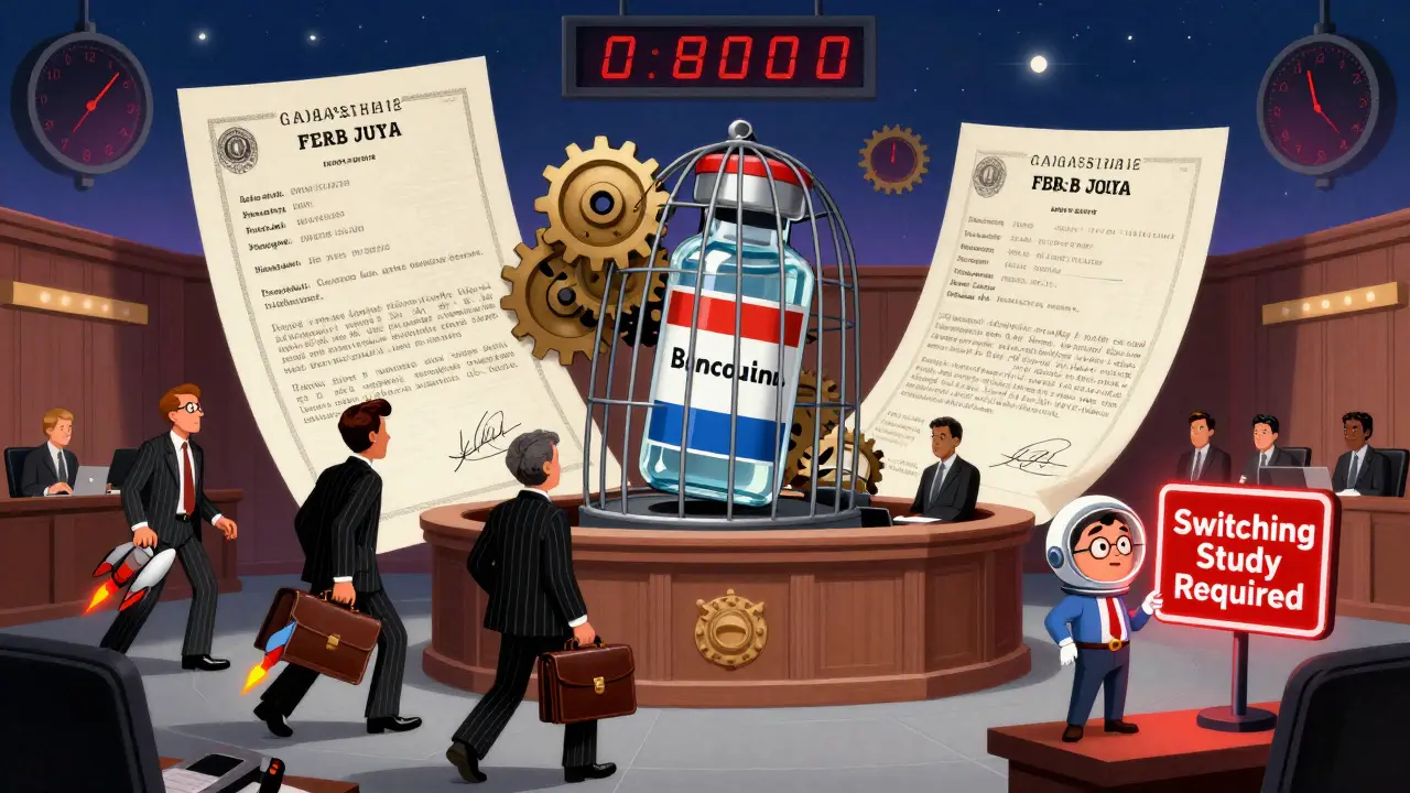 Retro-futuristic courtroom with a biosimilar vial trapped in patent gears and lawyers.