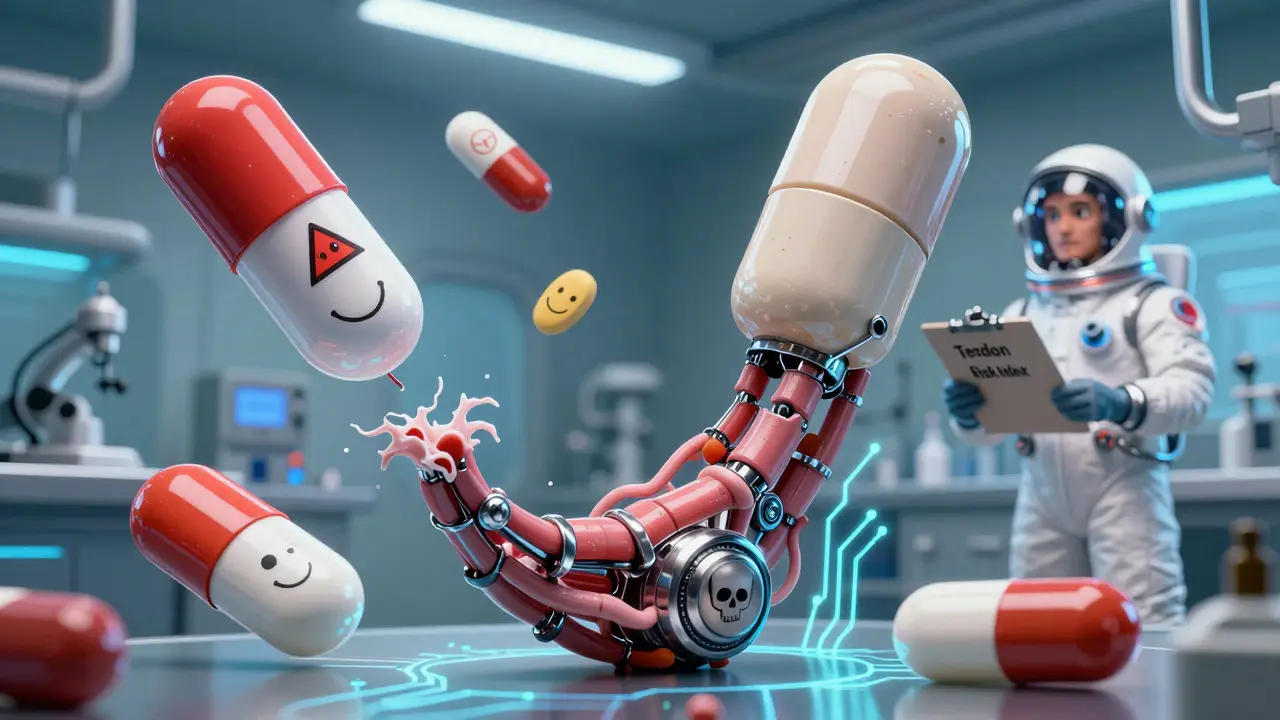 Robotic tendons fraying in a lab, surrounded by glowing antibiotic pills with symbolic faces and warning signs.