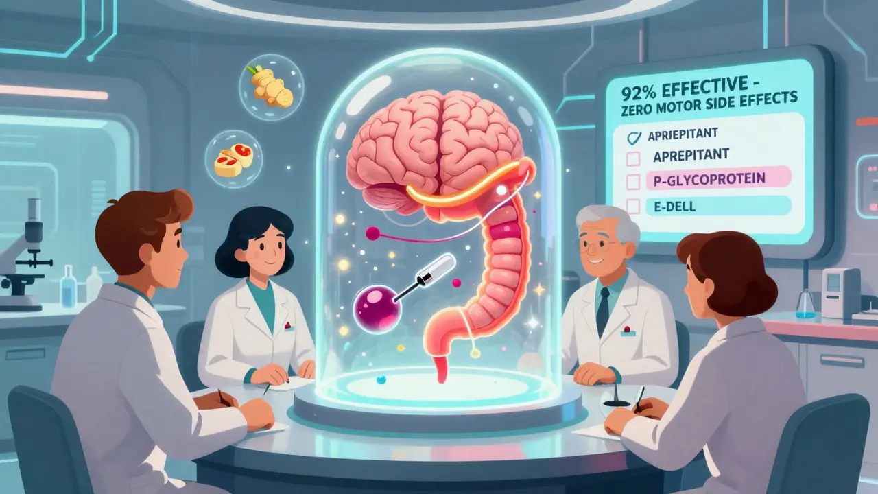 Scientists monitor gut-only nausea drug avoiding brain in futuristic lab with glowing tech and ginger icons.