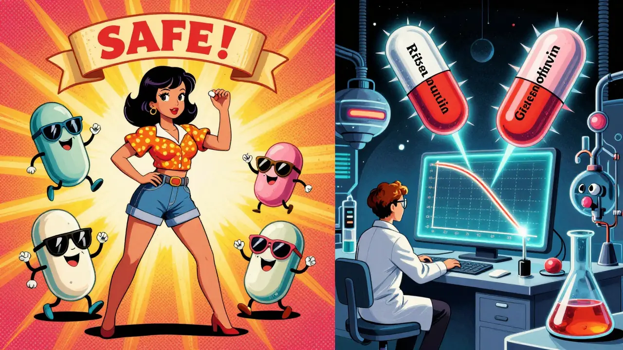Split cartoon scene: safe antibiotics dancing happily vs. rifampin and griseofulvin draining hormone levels in a sci-fi lab.