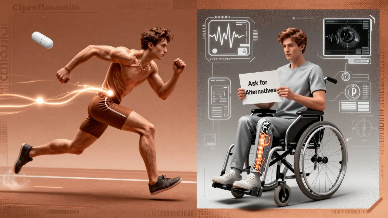 Split scene: athlete with ruptured tendon versus healed version, with medical icons and antibiotic labels in retro-futuristic style.