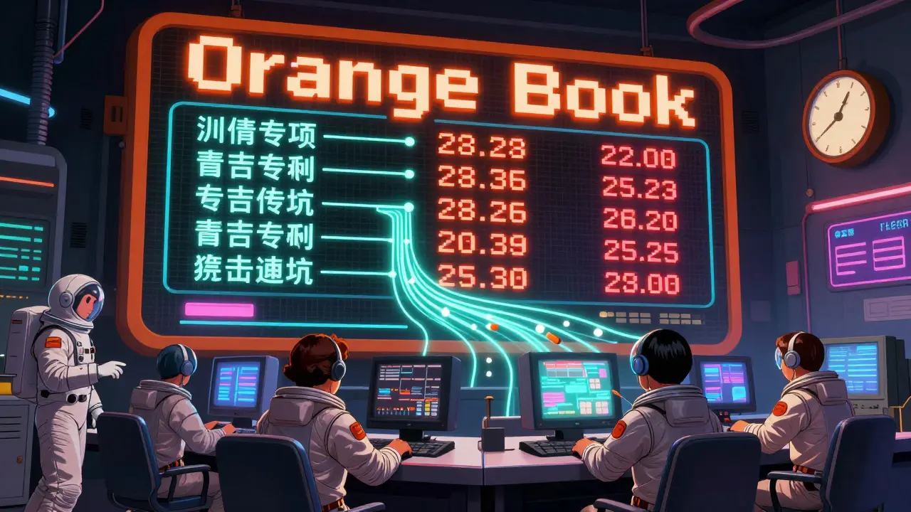Technicians monitor a neon-lit digital Orange Book interface with patent data flowing like rivers on vintage screens.