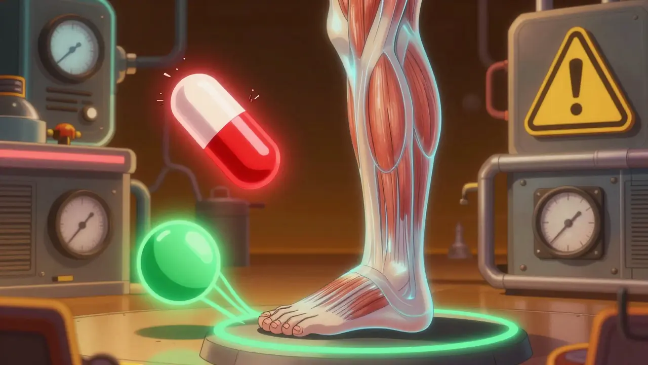 Translucent leg with glowing muscles affected by statin pills in sci-fi lab setting