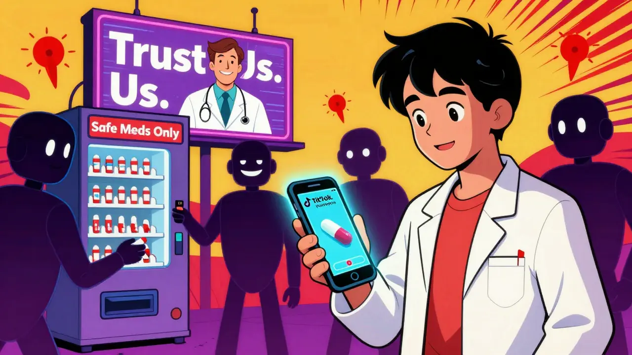 Young adult receiving counterfeit pills from a vending machine while scrolling on a phone with fake medical ads.