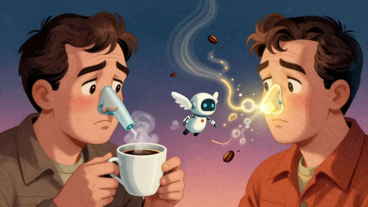 A before-and-after scene showing loss and restoration of smell, with neon energy restoring scent perception in a retro-futuristic style.