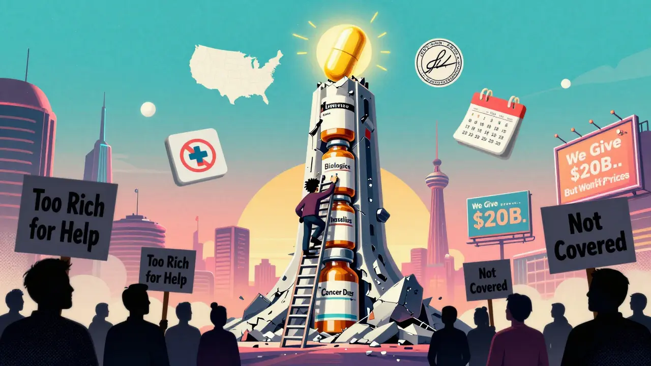 A climber ascends a ladder of pills toward a golden pill, beneath a crumbling monument labeled 'Drug Price Tower'.