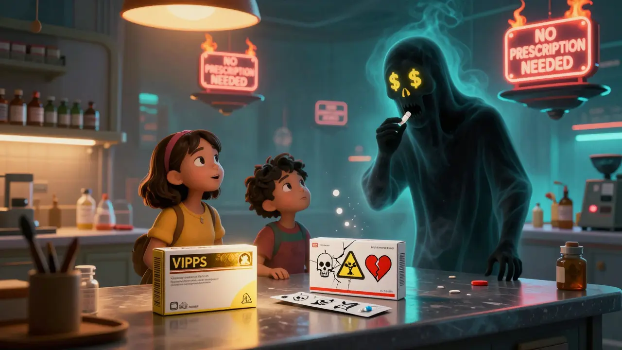 A family watches a ghostly skull rise from a fake pill, beside a real medication box with VIPPS seal in a surreal retro-futuristic kitchen.