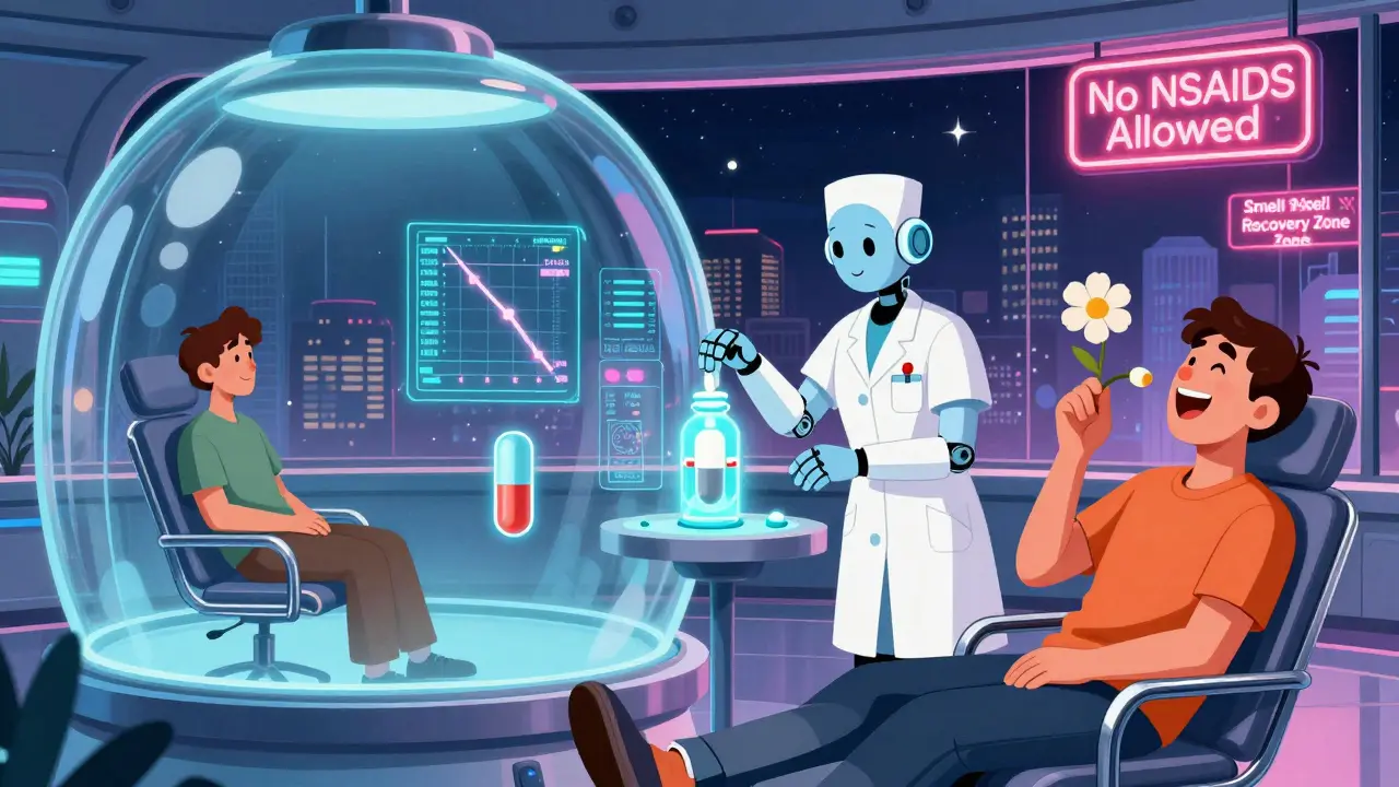 A futuristic clinic where patients receive daily aspirin therapy as holograms track health improvements, in a retro-futuristic design.