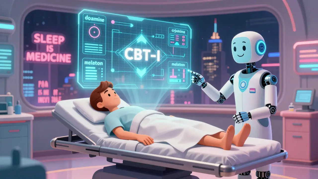 A patient in a futuristic sleep clinic surrounded by holographic health data and a robotic therapist guiding neural retraining.