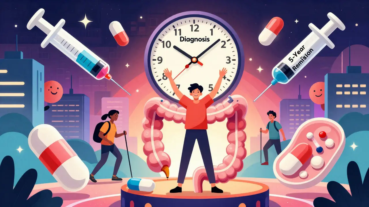 A person standing on a healed colon platform surrounded by medical tools under a remission clock.