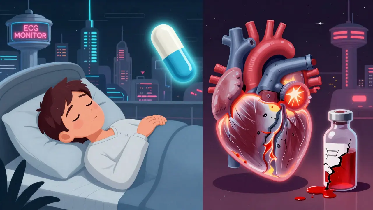 A split scene: peaceful sleep vs. a failing heart with blocked potassium valve, next to a safe buprenorphine capsule.