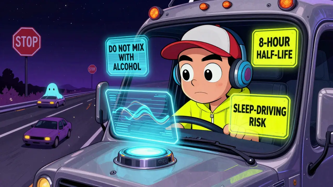 A trucker in a glowing cab with holographic warnings, driving through a surreal night highway with floating stop signs and a lightbox on the dash.