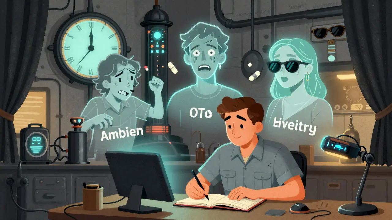 A worker journaling beside a sleep tracker, with three floating personas representing different medication effects and a circadian clock tower in the background.