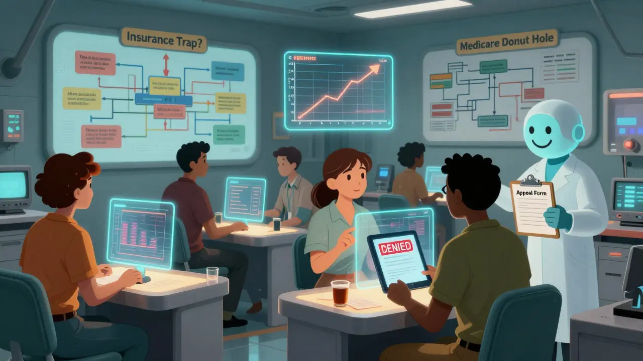 Diverse patients interact with holographic forms in a clinic, surrounded by animated flowcharts about PAP rules.