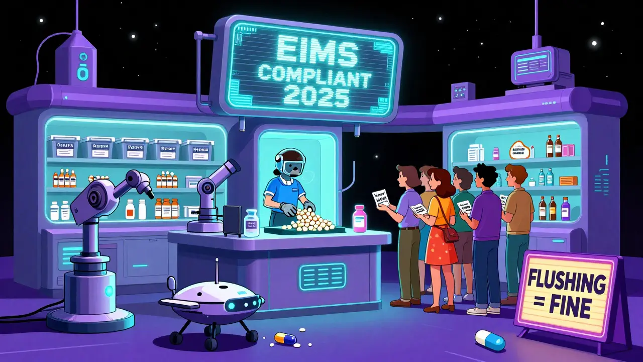 Futuristic pharmacy with robotic arms disposing of expired drugs under an EIMS 2025 compliance sign.