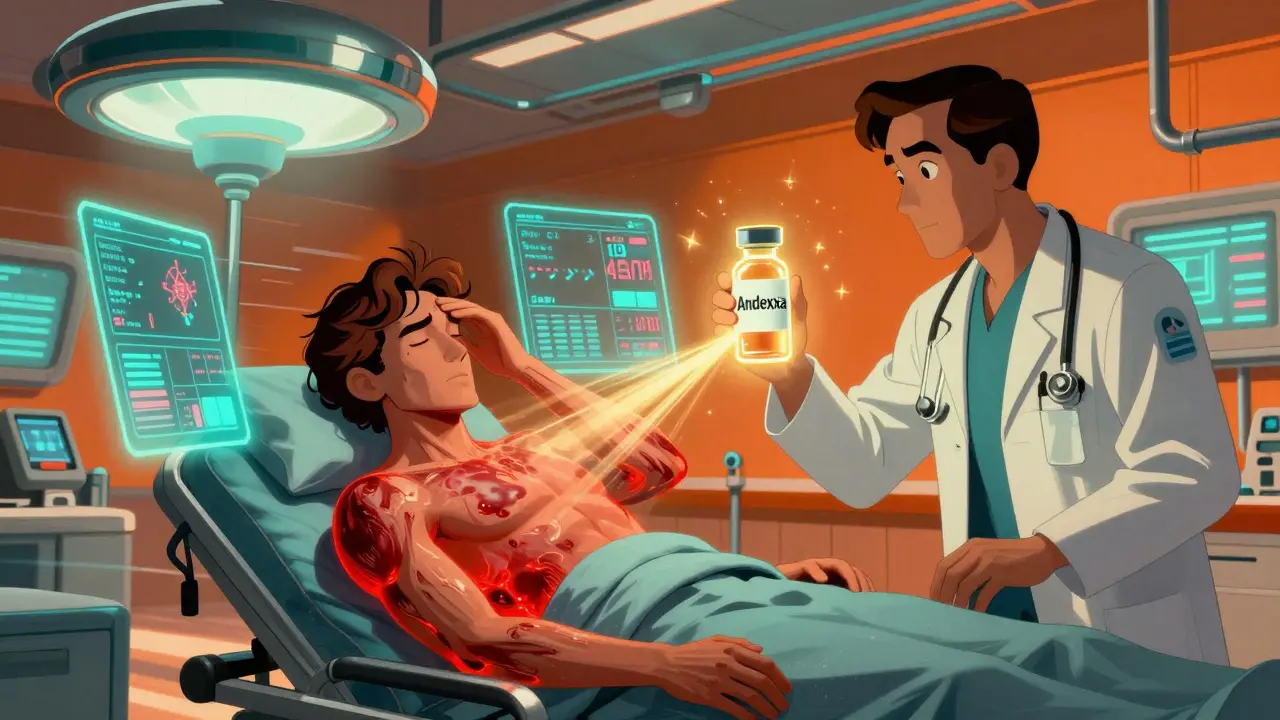 Patient being rushed in ER with glowing symptoms and doctor holding a reversal drug vial