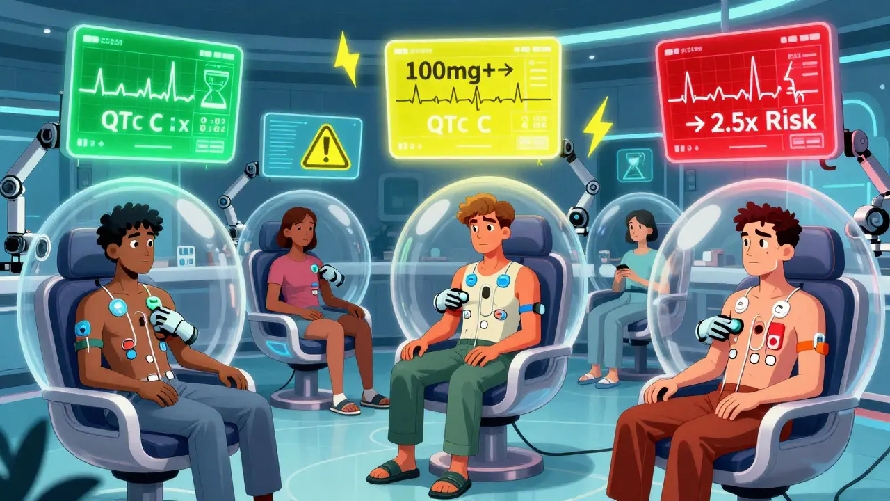 Patients in a high-tech treatment center monitored by holographic QTc warnings and robotic ECG devices.
