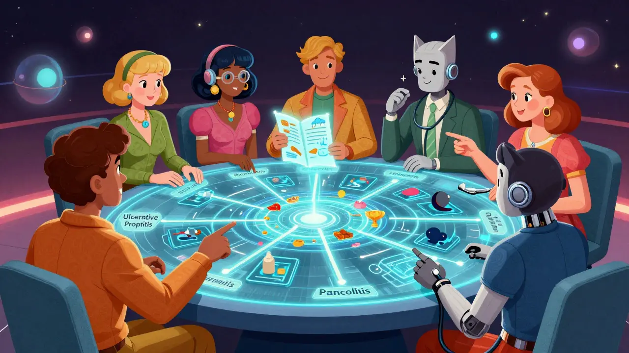 People analyzing a holographic colon map with symptom icons and a robotic cat beside them.