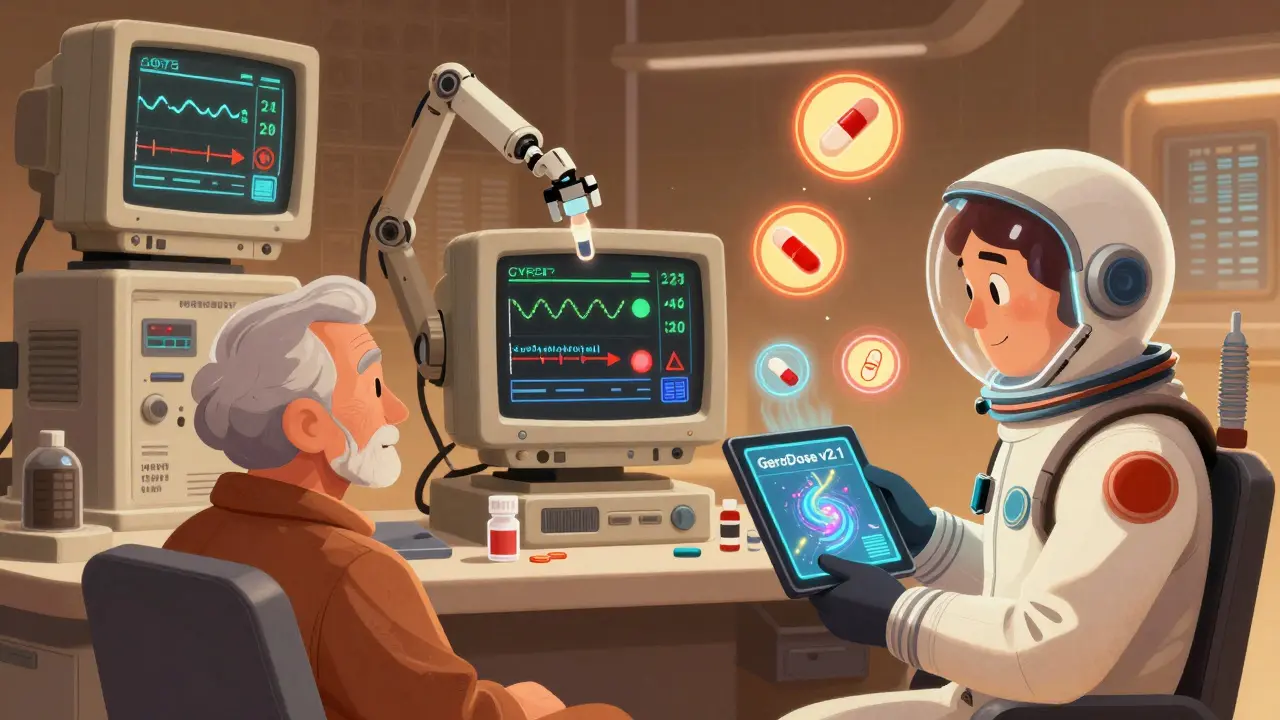 Retro-futuristic medical control room with robotic dosage adjustment and glowing DNA markers for drug metabolism.