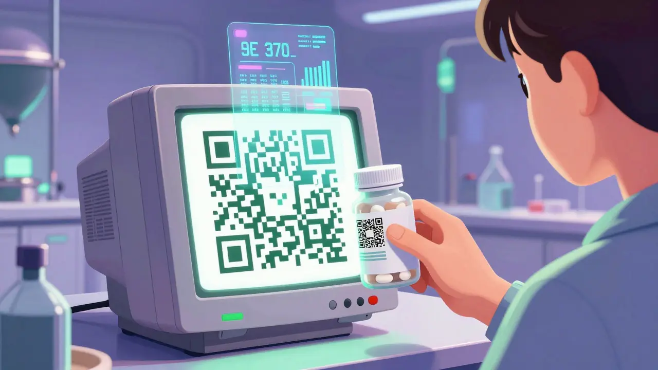 Scanning QR code on pill bottle with holographic health data analysis