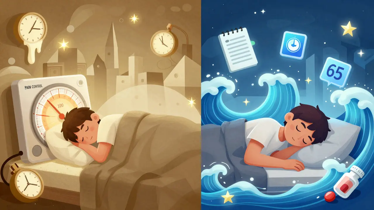Split scene: one side shows pain overwhelming a sleeper, the other shows restorative sleep with calming signals and therapy icons.