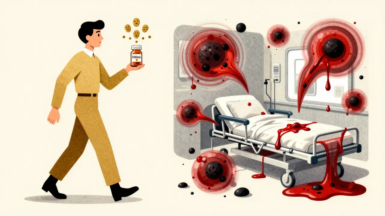Split scene: safe medication use vs. dangerous bleeding signs in retro-futuristic cartoon style