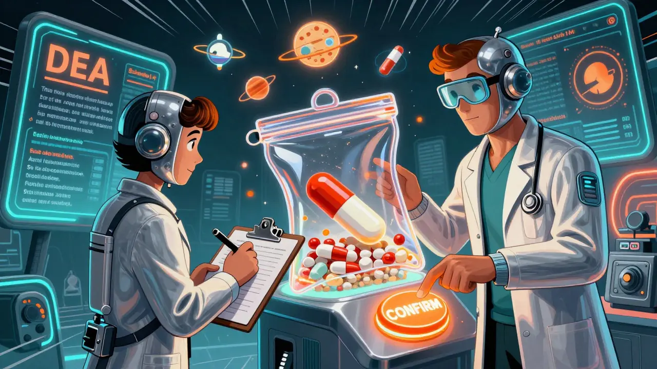 Two medical staff destroying a single pill using a glowing disposal pouch with digital documentation.