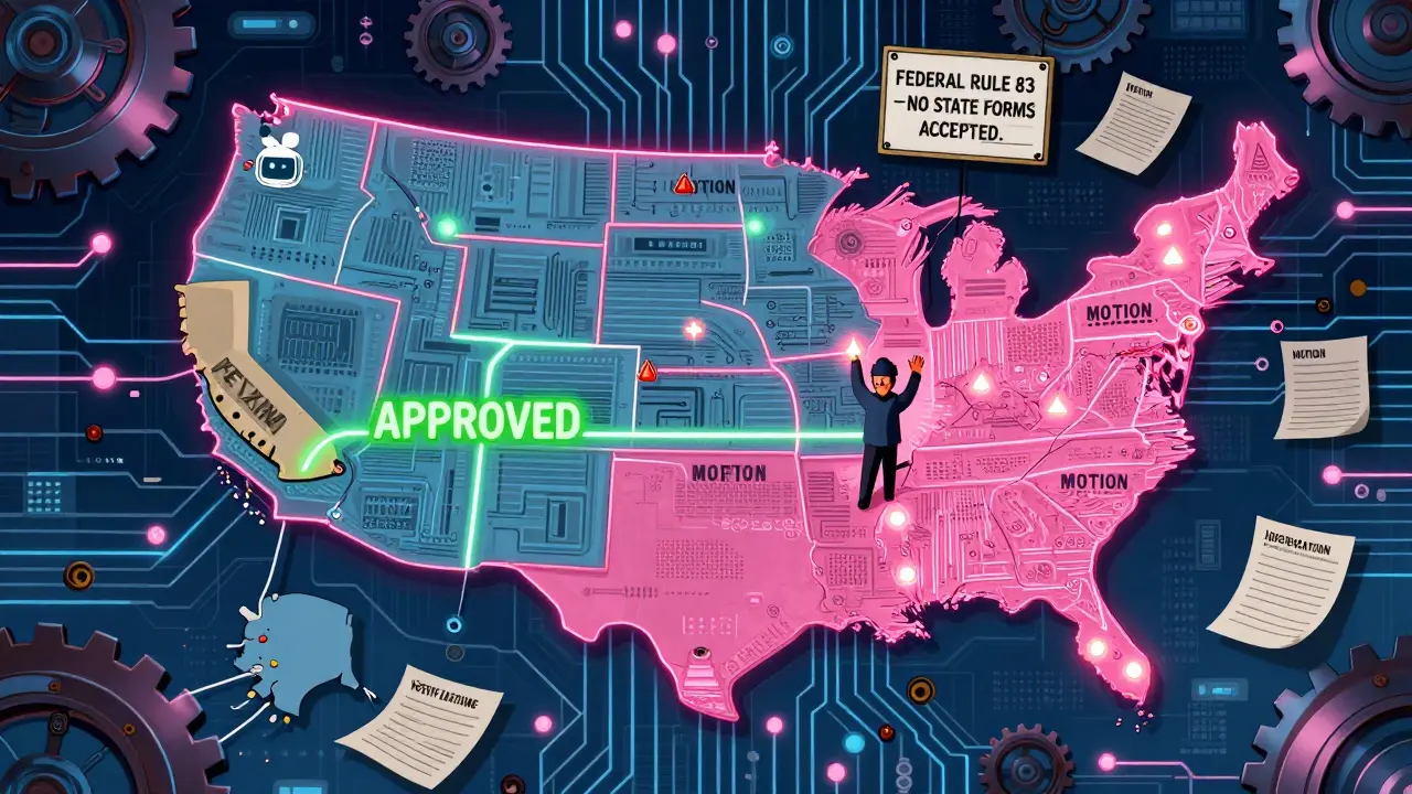 A circuit board map of the U.S. shows legal pathways — state rules flow smoothly while federal ones spark and fail.