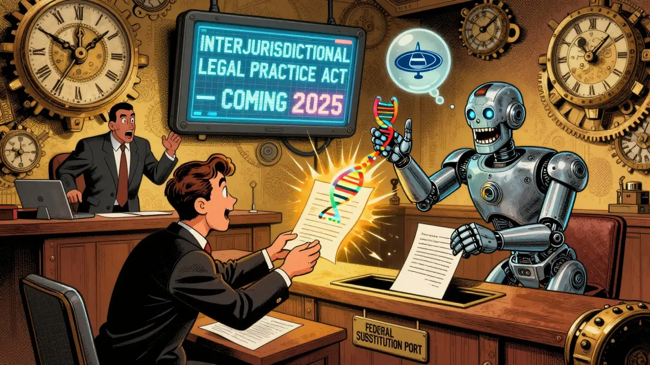A client gives a glowing contract to a robot lawyer as a human lawyer's paper form is rejected by a federal machine.